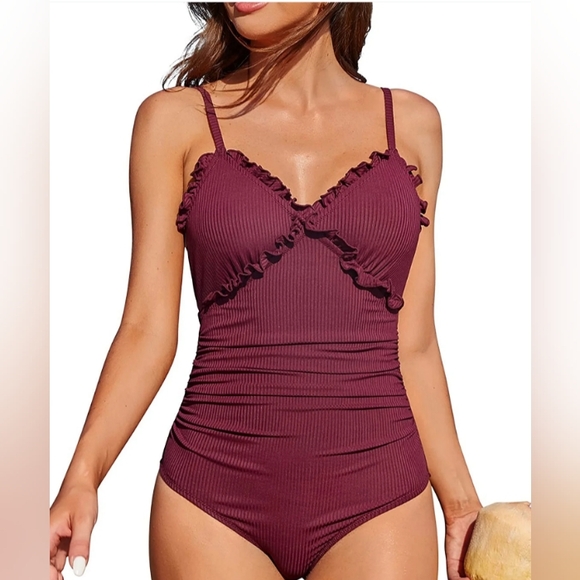 Charmo Other - Womens size XL Ribbed One Piece Bathing Suit Ruffle V Neck Swimsuit Beachy